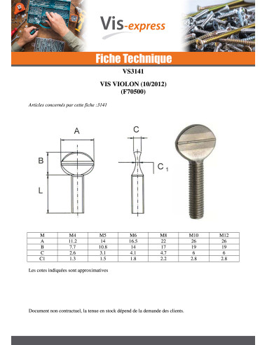1 x Vis VIOLON M8X25 Acier zingué