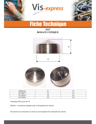 1 x Rosace Conique Laiton 20 Taraudage borgne M4