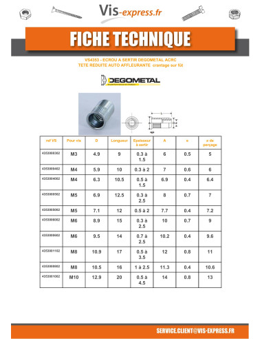 1 x Ecrous à sertir ACRC M8X16 Diamètre FUT10.5...
