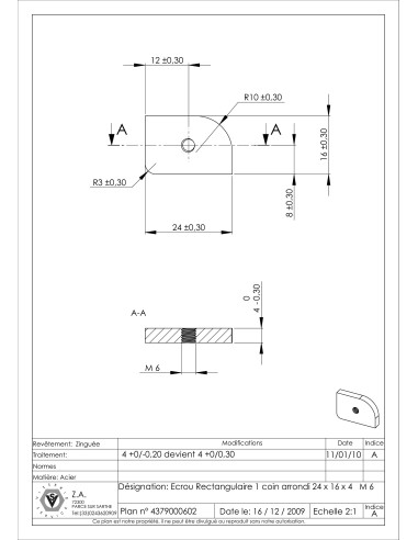 1 x Ecrou RECT 24X16X4 M6 1 COIN ARRONDI Acier...