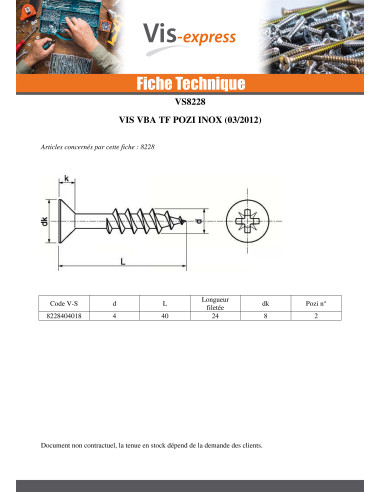 1 x VBA Vis bois agglo Inox A2 Filetage partiel...