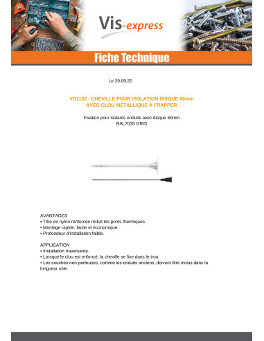 1 x Cheville d'isolation 10X70 et Clou METALIQUE