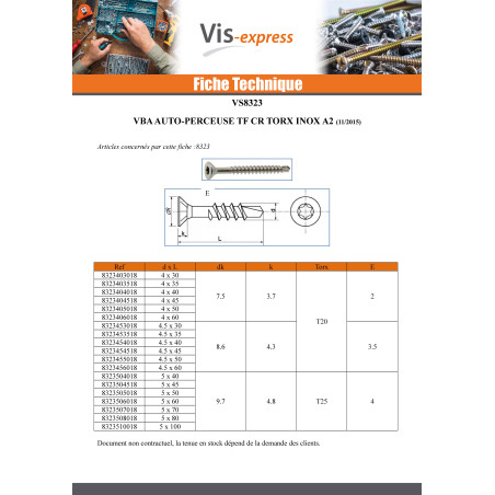 1 x VBA Vis bois agglo Vis autoperceuse Tête fraisée Cranté 4.5X35 TORX T20 Inox A2