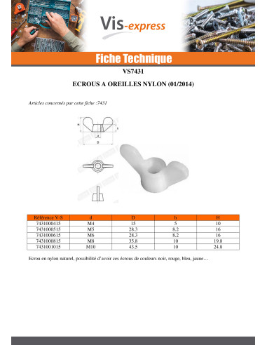 1 x Ecrou à oreille nylon naturel M10