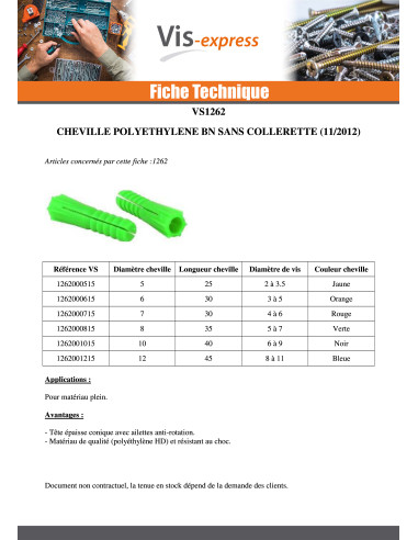 1 x Cheville POLYETHYLENE BN10 Sans Collerette