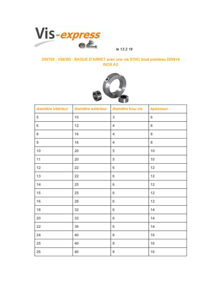 1 x Bague d'arrêt avec vis STHC Diamètre Intérieur 13 Inox A2