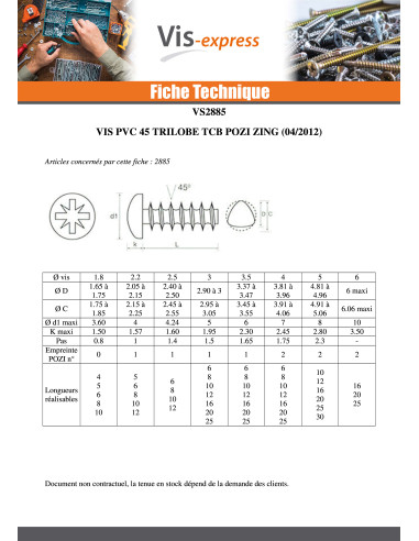 1 x Vis pvc TRILOBE Tête cylindrique bombée TCB...