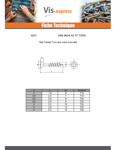 1 x VBA Vis bois agglo Inox A2 Tête fraisée...