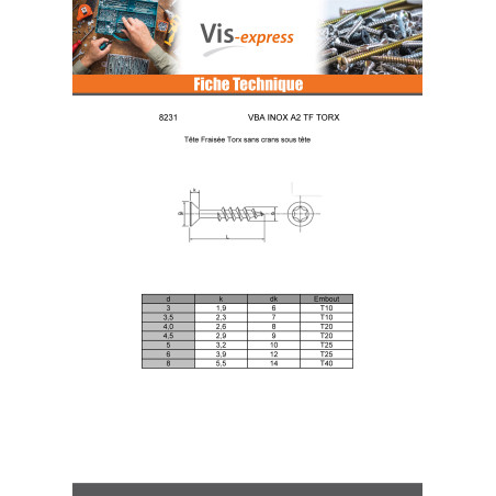 1 x VBA Vis bois agglo Inox A2 Tête fraisée 4X60 Filetée sur 36 TORX T20
