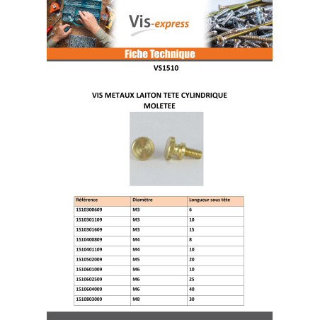 1 x Vis métaux Laiton Tête cylindrique TC Moletée M3X8 microvis