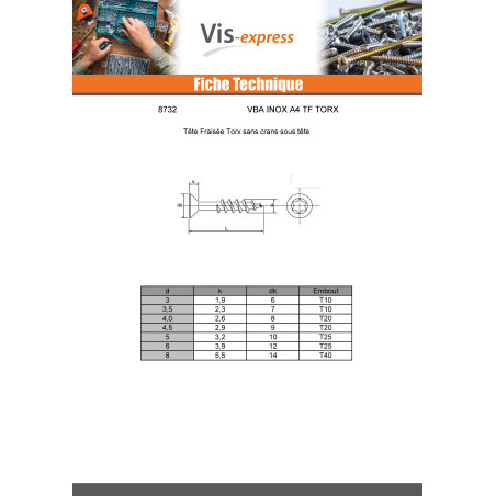 1 x VBA Vis bois agglo Tête fraisée 5X60 Filetée sur 36 TORX T25 Inox A4