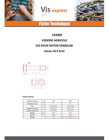 1 x Vis ROTOR EPAREUSE 9/19X3"1/2 Classe 10.9...
