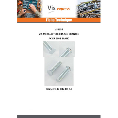 1 x Vis métaux Tête fraisée Cranté M6X15 Diamètre de tête: 8.5 Acier zingué