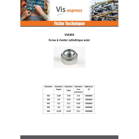 1 x Ecrou à riveter Cylindrique M5 Epaisseur tole 1.1 à 1.3 Acier zingué