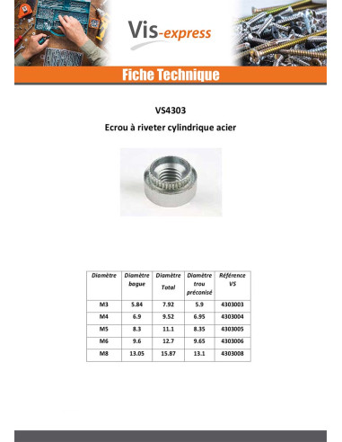 1 x Ecrou à riveter Cylindrique M8 Epaisseur...