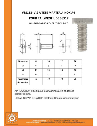 1 x Vis métaux Tête marteau 13X31X6 M12X60 Inox...