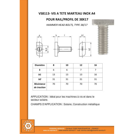 1 x Vis métaux Tête marteau 13X31X6 M12X60 Inox A4 pour profilés 38/17