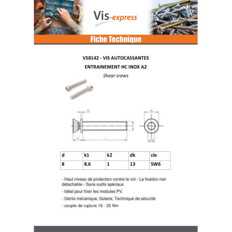 1 x Vis métaux Inviolable Auto cassante Hexagonal creux Inox A2 M8X40