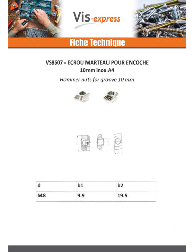 1 x Ecrou Marteau 9.9X19.5 M8 Inox A2
