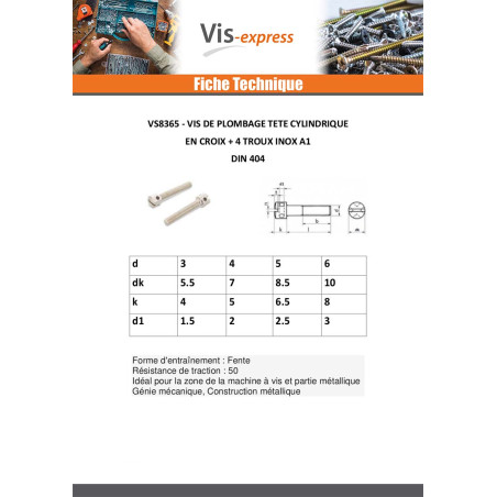 1 x Vis métaux Tête cylindrique TC Percée En Croix 4 Trous Inox A1 5X12