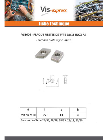 1 x Ecrou RAIL Inox A2 13X27X4 M8 BORD TRANCHANT