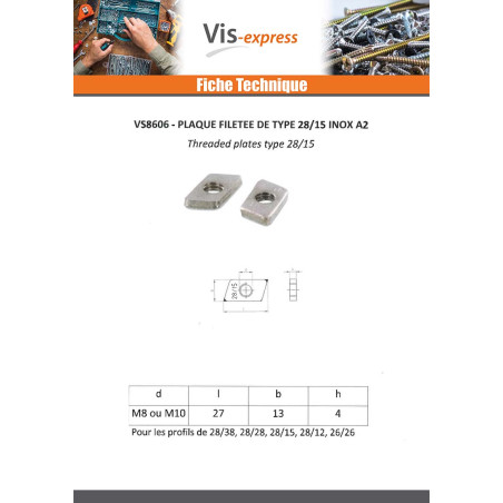 1 x Ecrou RAIL Inox A2 13X27X4 M8 BORD TRANCHANT
