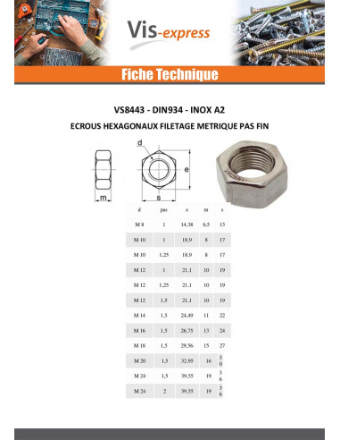 1 x Ecrou hexagonale M24 Pas fin Pas de 150...