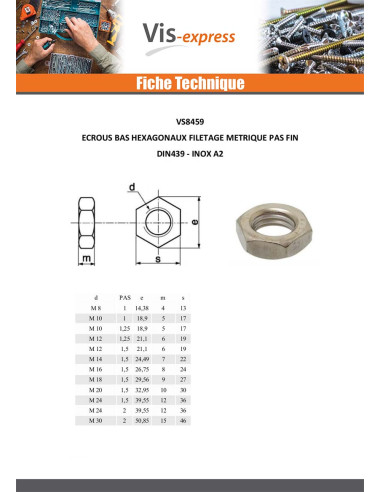 1 x Ecrou hexagonal bas hm/contre Ecrou Inox A2...