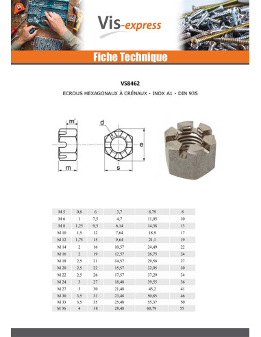 1 x Ecrou hexagonale à CRENEAUX Inox A1 M5