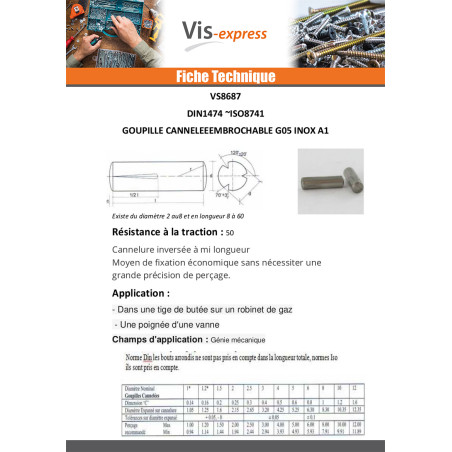 1 x Goupille cannelée embrochable Inox A1 G05 4X40