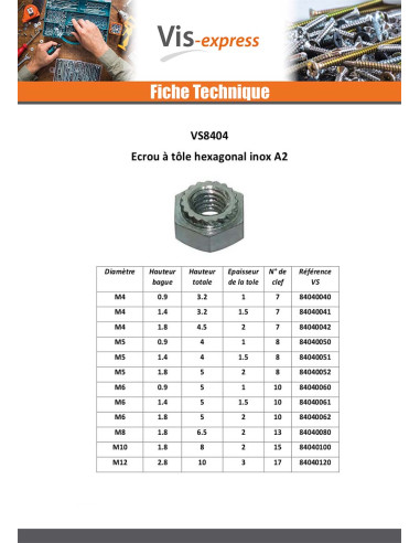 1 x Ecrou à tole hexagonal M12 Inox A2...