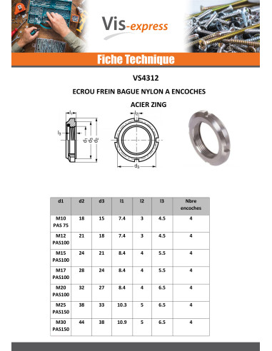 1 x Ecrou frein à ENCOCHES Acier zingué M40 Pas...