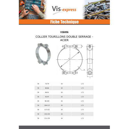 1 x Collier à tourrilon double serrage Diamètre 74 à 79 Acier zingué W1