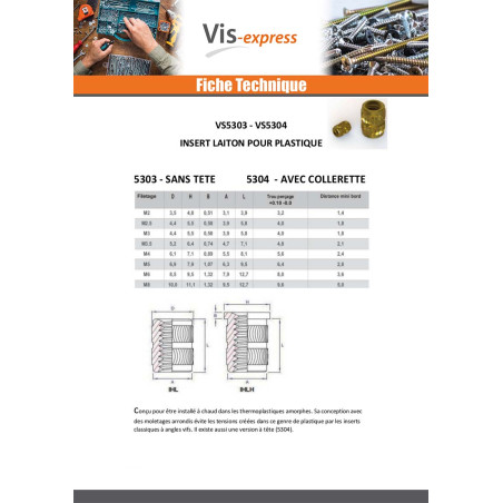1 x Insert Sans tête HEATFIX Laiton M6X9.5