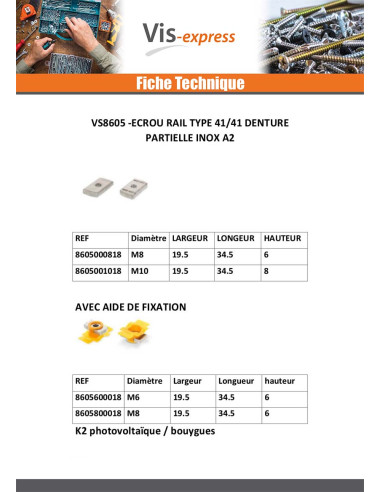 1 x Ecrou RAIL Inox A2 19.5X34.5X6 M8 AIDE...