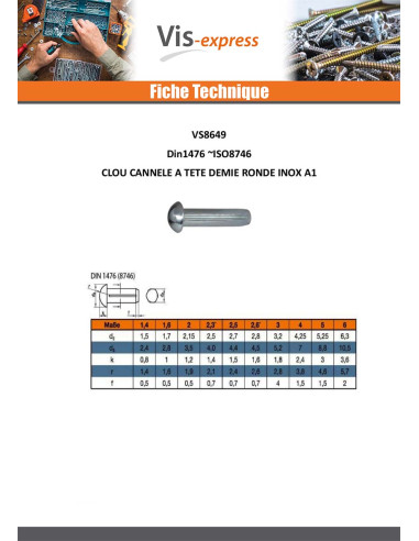 1 x Clou cannelé à tête demie ronde Inox A2 5X25