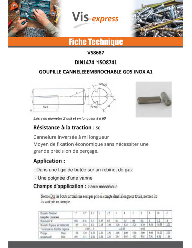 1 x Goupille cannelée embrochable Inox A1 G05 4X8