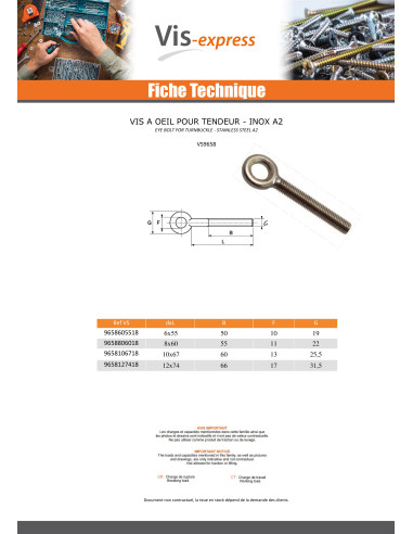 1 x Vis à oeil pour tendeur Oeil 10 Inox A2 6X55