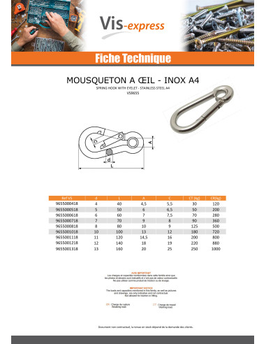 1 x Mousqueton à oeil Inox A4 Diamètre 7