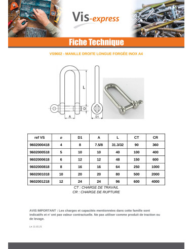 1 x Manille Droite Longue Forgée Inox A4...