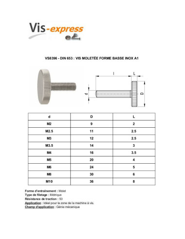 1 x Vis métaux Moletée Basse Inox A1 M5X16