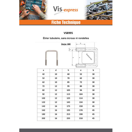 1 x Etrier Fond droit ou plat 235X202X235 M12/45/45 Inox A4
