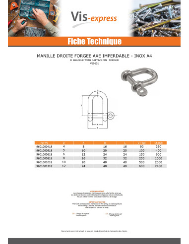 1 x Manille Droite Forgée axe imperdable Inox...