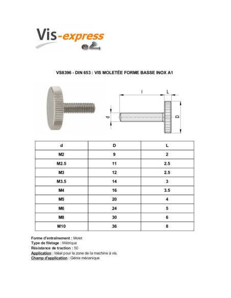 1 x Vis métaux Moletée Basse Inox A1 M6X20