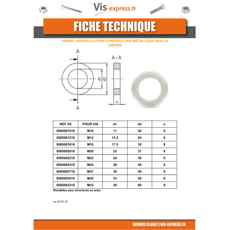 1 x Rondelle CONSTRUCT Métallique Inox A2 M20X37X8
