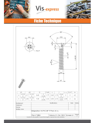 1 x Vis pvc Tête fraisée Pozi N°2 4X14 Acier...