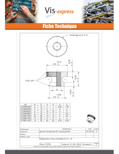 1 x Ecrou Moletée Laiton M8 18X12 EMM
