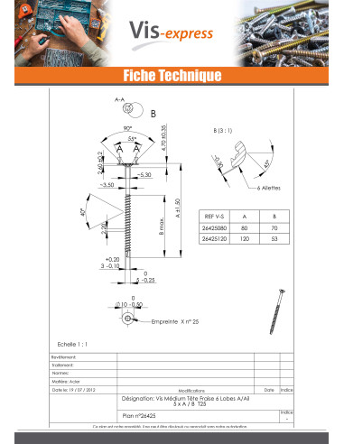 1 x Vis Médium Tête fraisée Cranté TORX T25...
