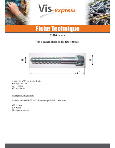1 x Vis d assemblage lit Acier zingué M7X50...