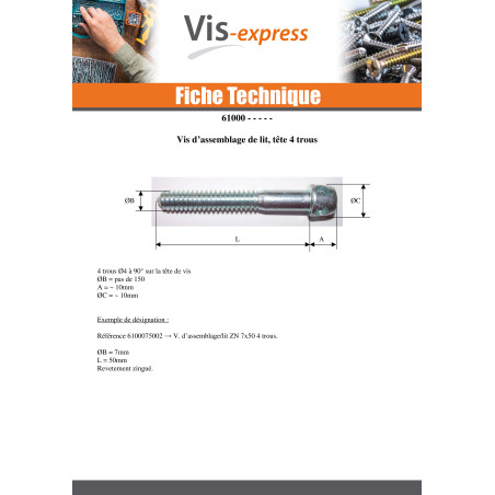 1 x Vis d assemblage lit Acier zingué M7X50 Tête 4TRO